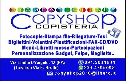 Il volantino di Copy Shop con l'elenco dei servizi, l'indirizzo di Via Emilio D'Angelo 12 e i numeri di telefono